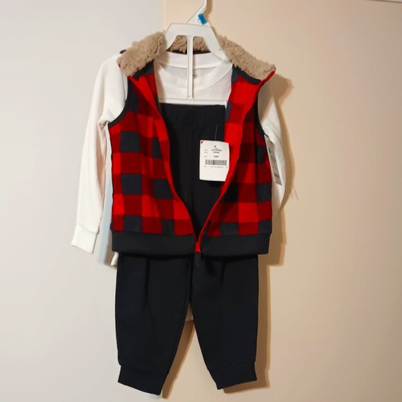 NWT ~  Carter's Baby Boys' Red Buffalo Plaid Vest 3-Piece Set (Size:  24 Months) - Picture 2 of 4